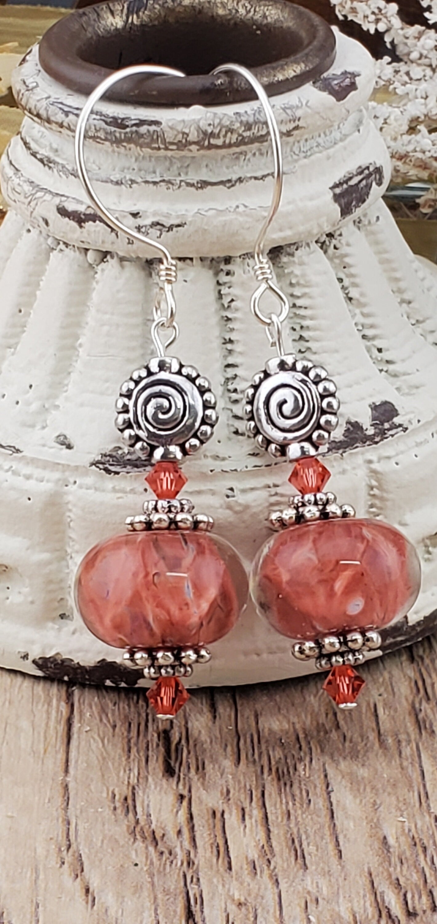 Peachy Keen Artisan Glass Earrings, Lampwork Glass Bead handcrafted by a talented artisan, Silver Filled Earring Wire