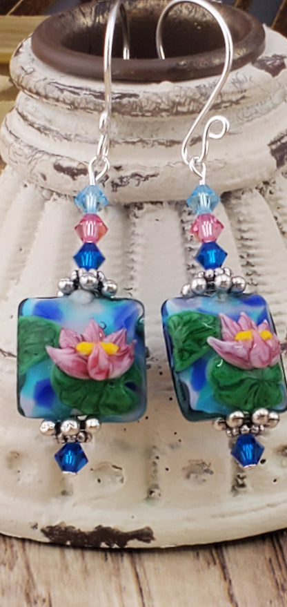 Floating Garden Artisan Glass Earrings, Lampwork Glass Bead handcrafted by a talented artisan, Silver Filled Earring Wire