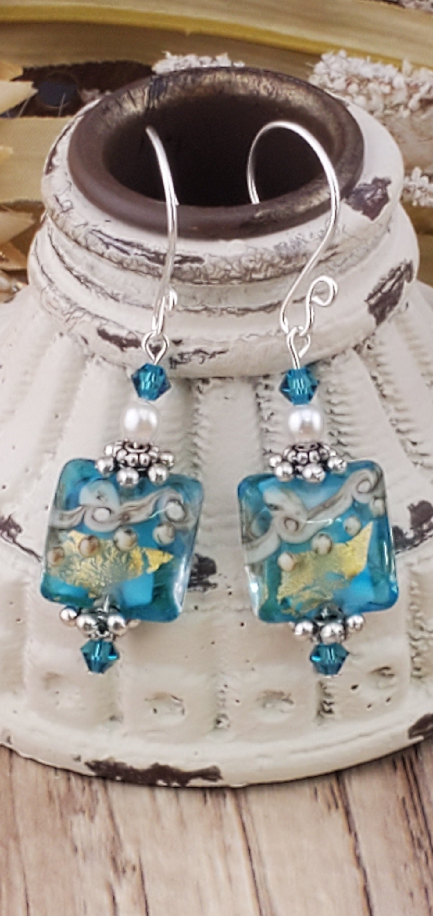 Tranquil Oasis Artisan Glass Earrings, Lampwork Glass Bead handcrafted by a talented artisan, Silver Filled Earring Wire