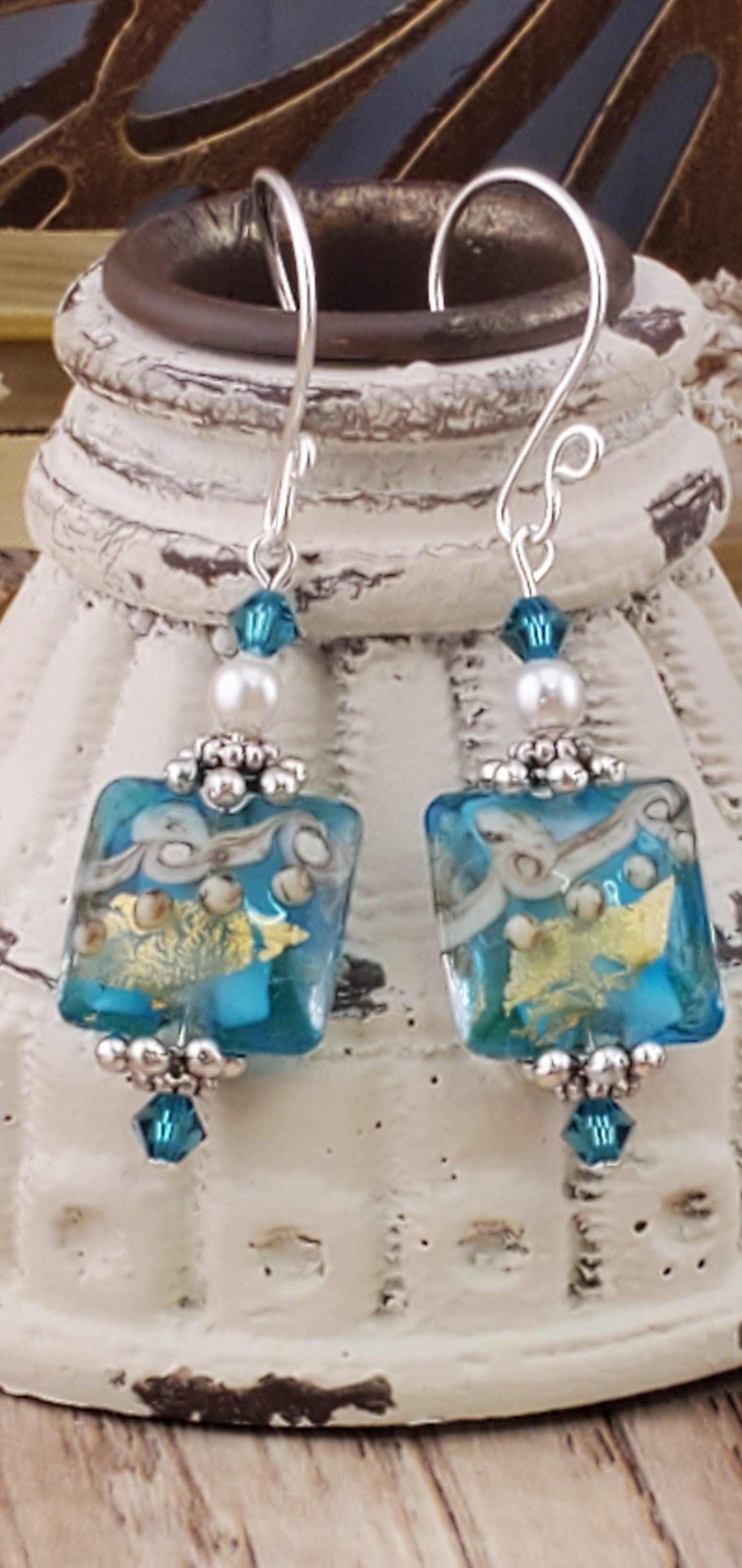 Tranquil Oasis Artisan Glass Earrings, Lampwork Glass Bead handcrafted by a talented artisan, Silver Filled Earring Wire