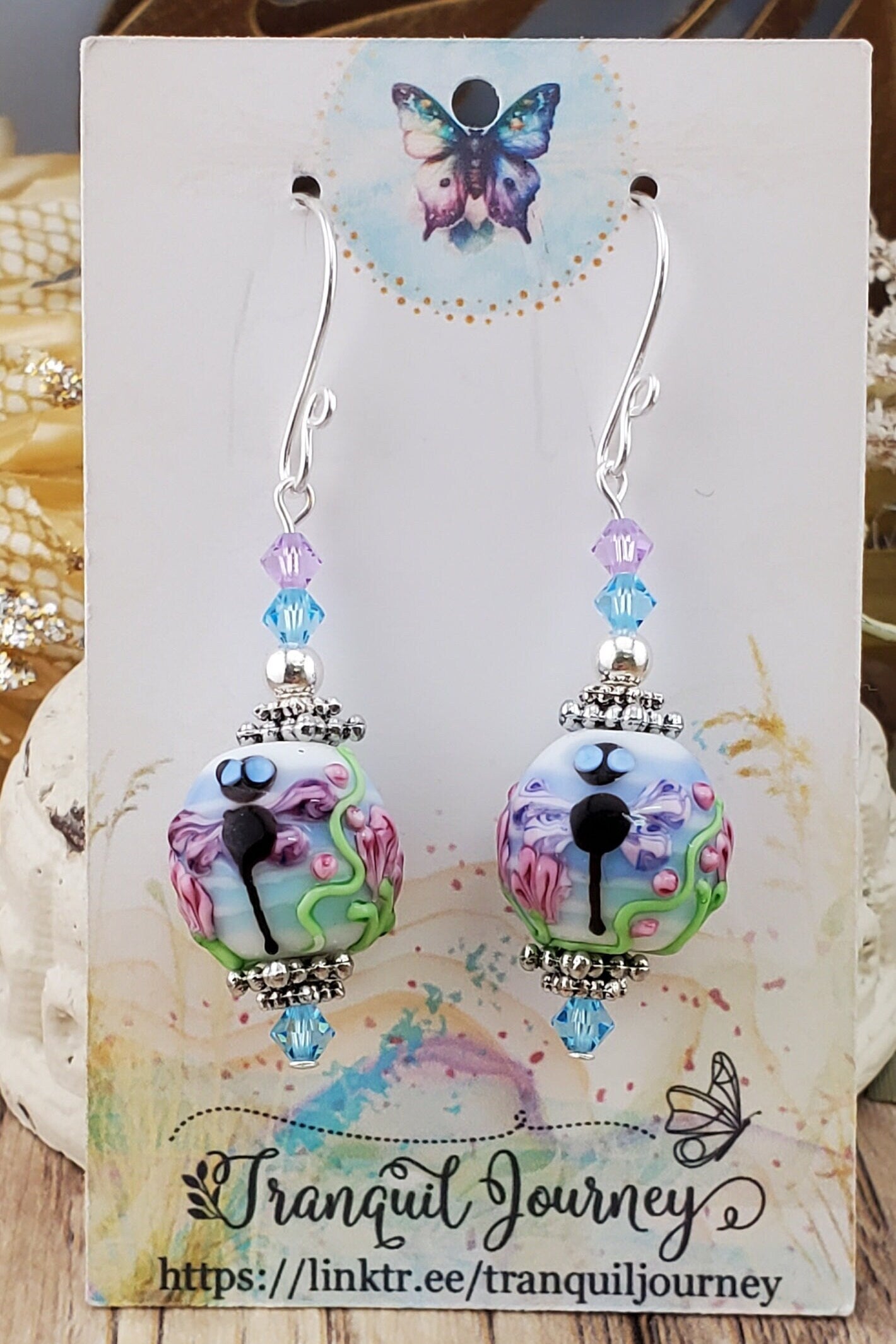 Believe in Dreams Artisan Glass Earrings, Lampwork Glass Bead handcrafted by a talented artisan, Silver Filled Earring Wire