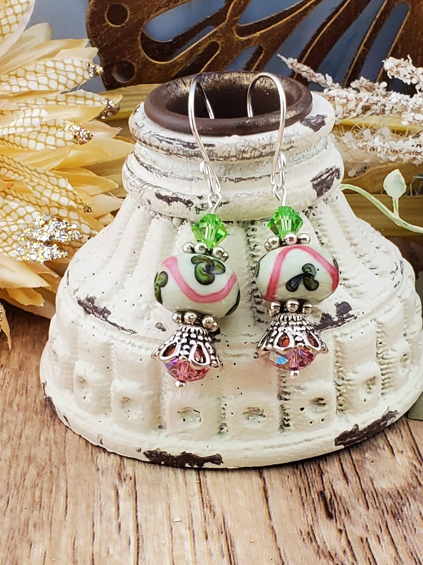 Splendid Sophistication Artisan Glass Earrings, Lampwork Glass Bead handcrafted by a talented artisan, Silver Filled Earring Wire