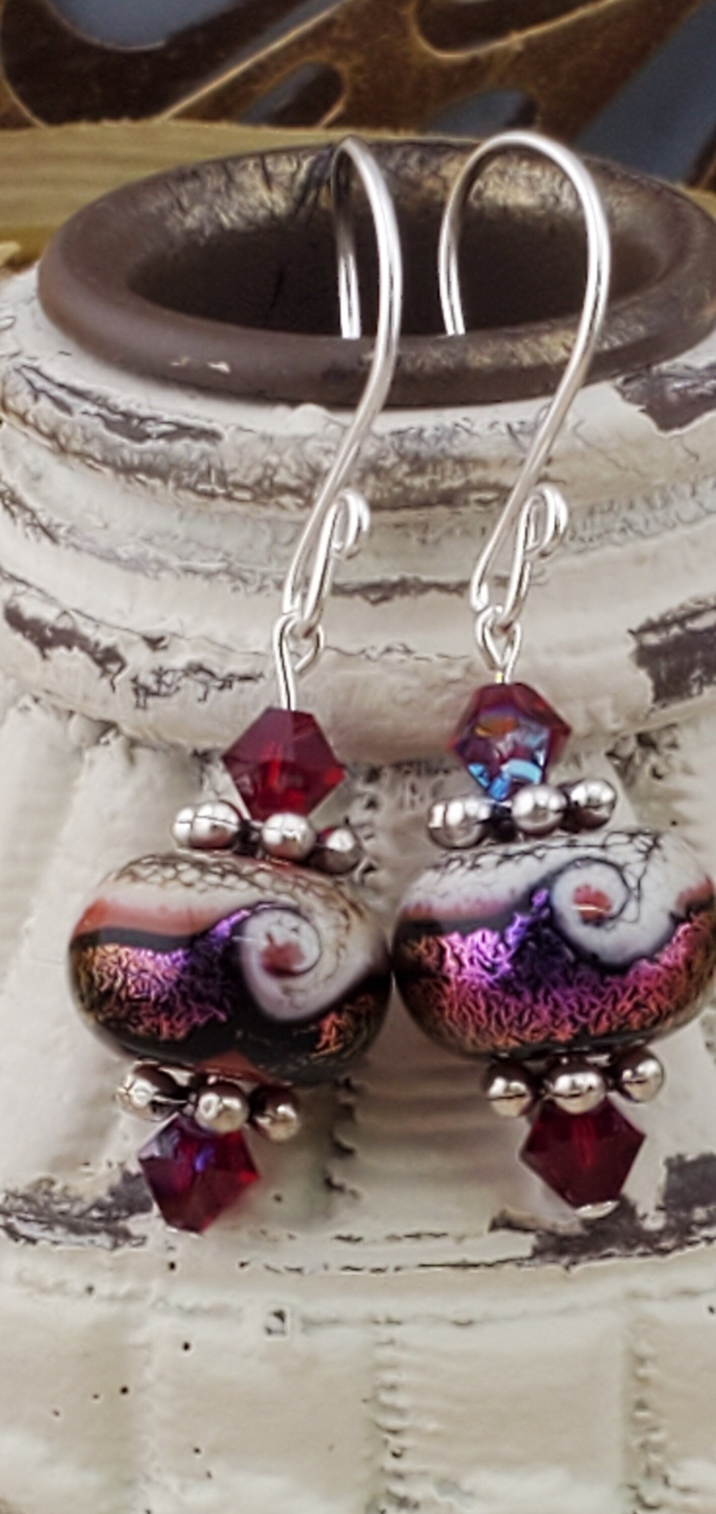 Color me Purple Artisan Glass Earrings, Lampwork Glass Bead handcrafted by a talented artisan, Silver Filled Earring Wire