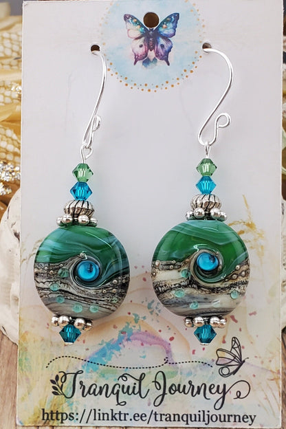 Island Dream Artisan Glass Earrings, Lampwork Glass Bead handcrafted by a talented artisan, Silver Filled Earring Wire