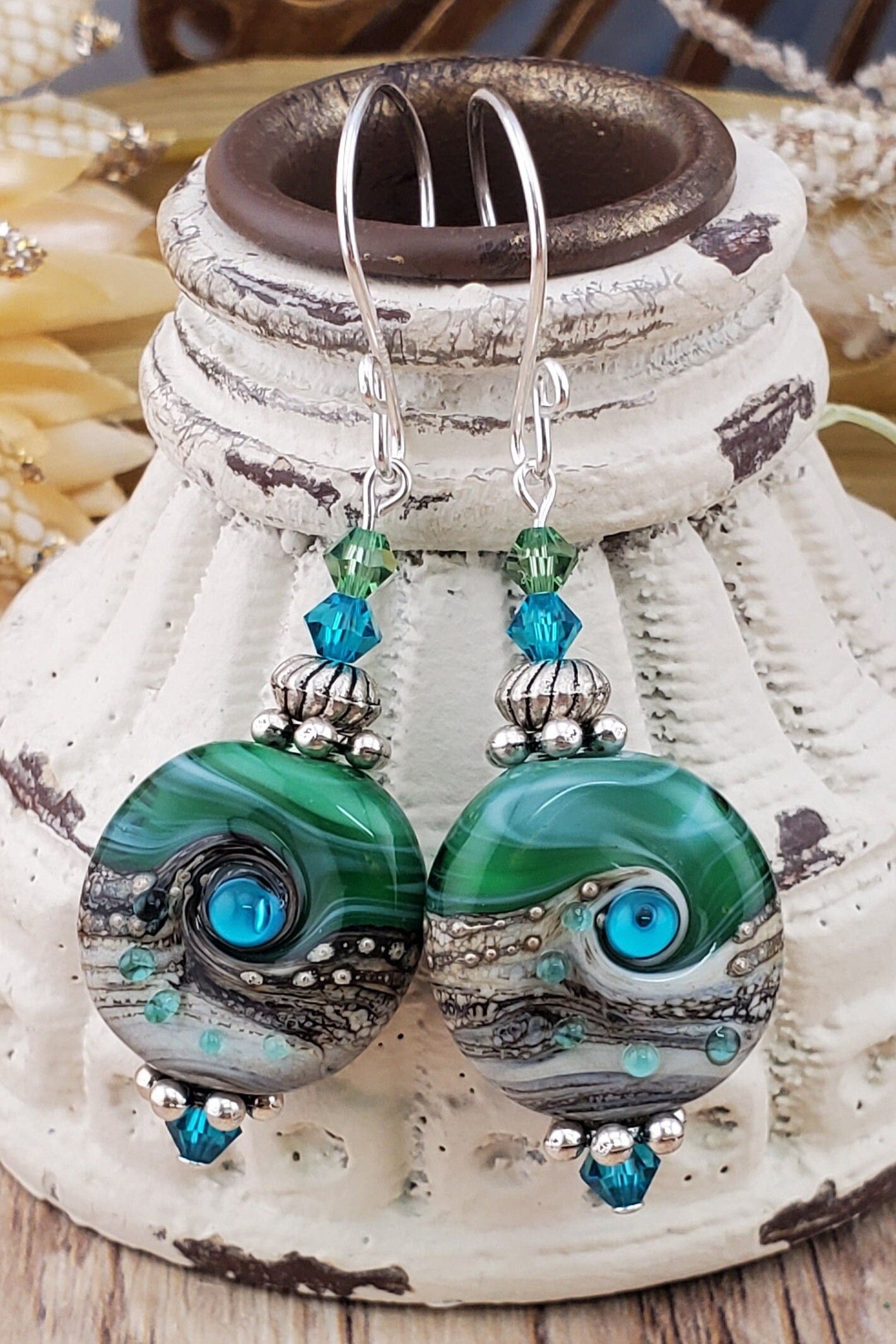 Island Dream Artisan Glass Earrings, Lampwork Glass Bead handcrafted by a talented artisan, Silver Filled Earring Wire