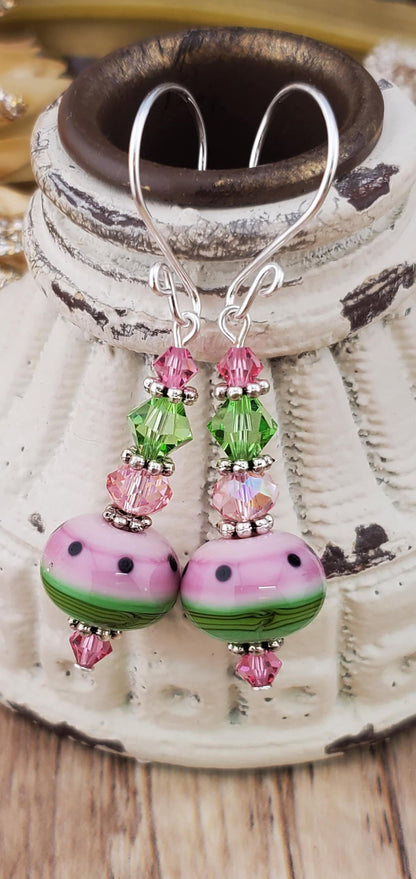 One in a Melon Artisan Glass Earrings, Lampwork Glass Bead handcrafted by a talented artisan, Silver Filled Earring Wire