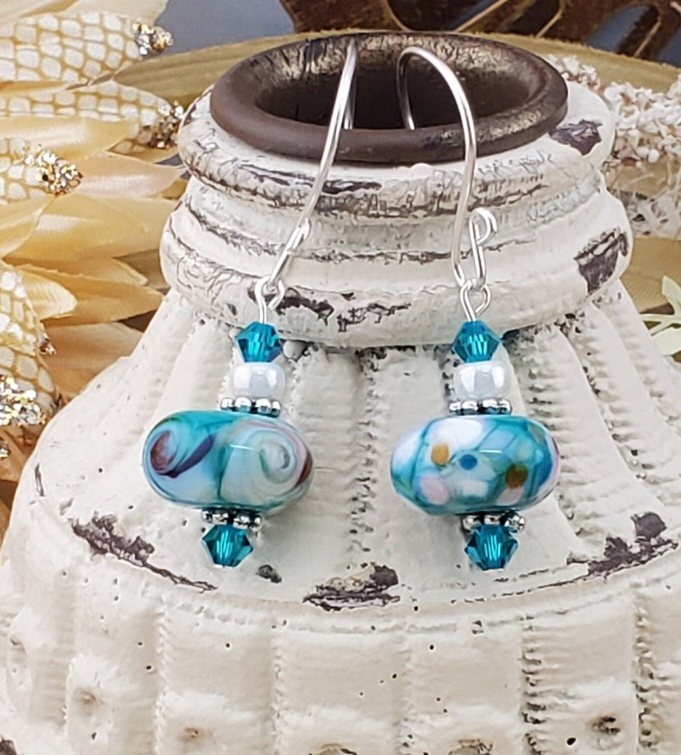 Feeling Blue Artisan Glass Earrings, Lampwork Glass Bead handcrafted by a talented artisan, Silver Filled Earring Wire