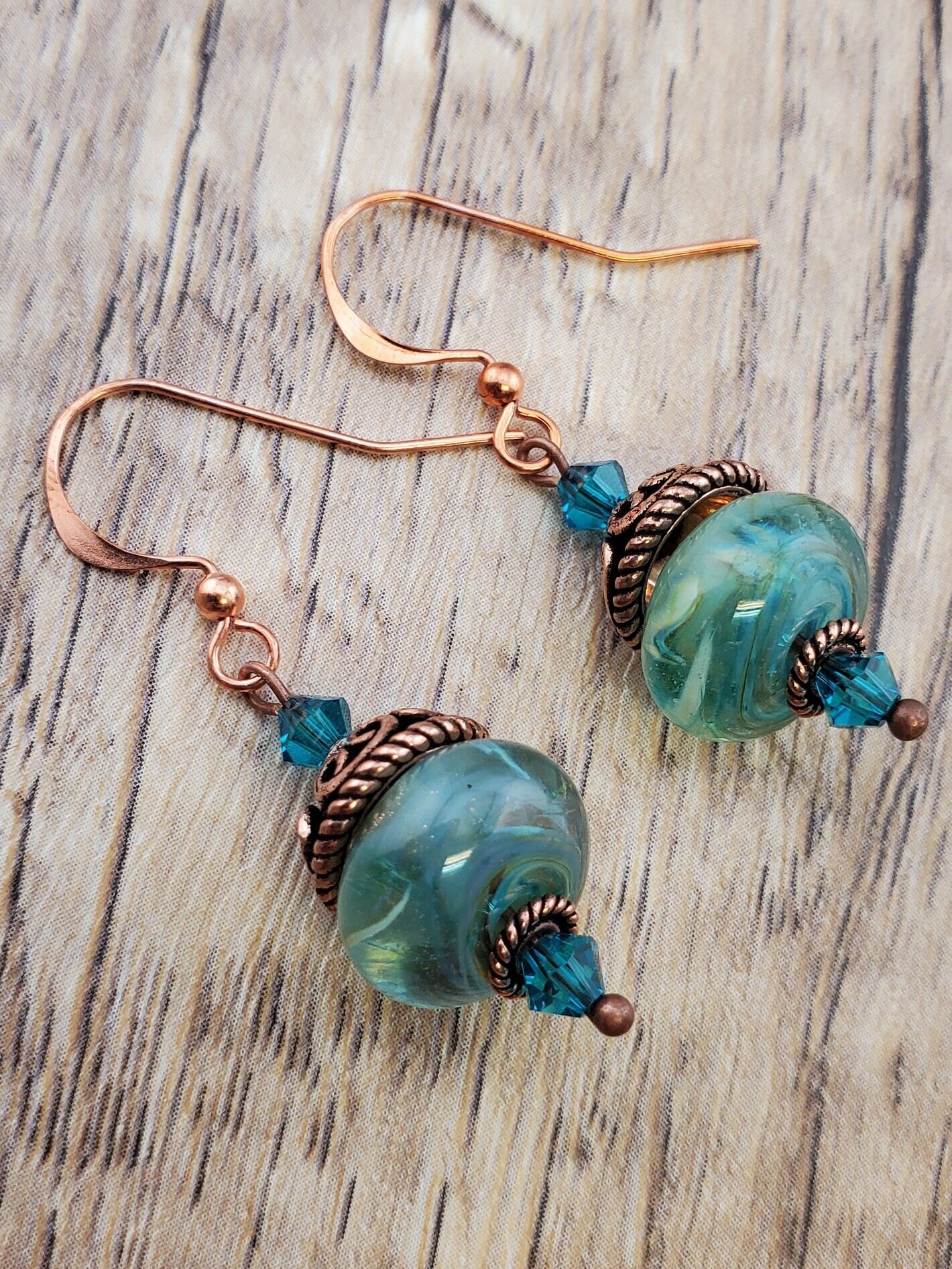 Seaside Treasure Artisan Glass Earrings, Lampwork Glass Bead handcrafted by a talented artisan, Copper Earring Wire