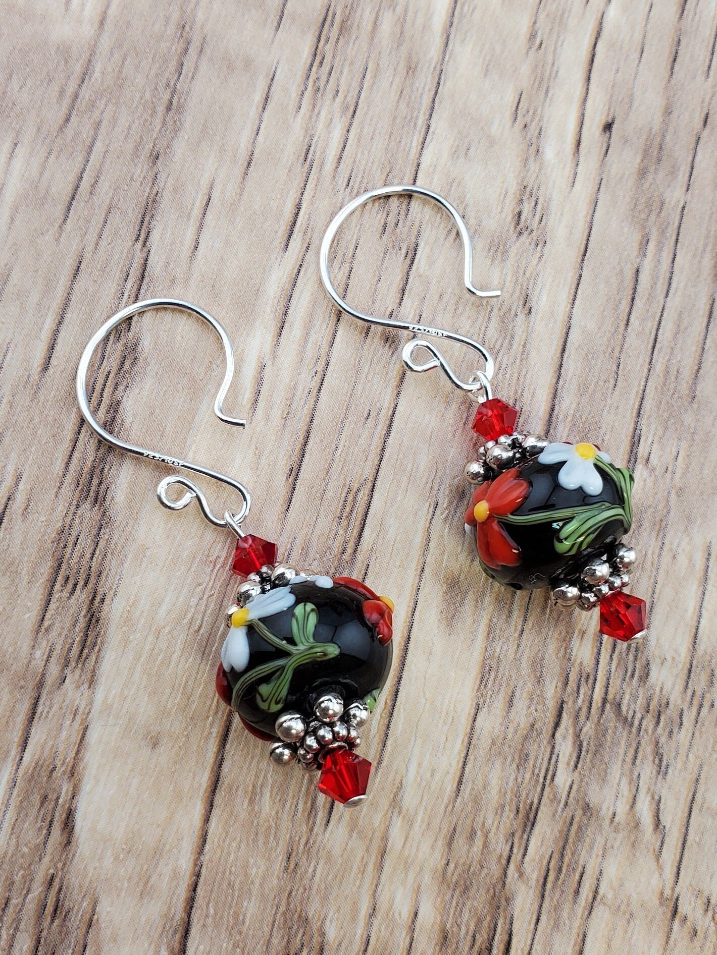 Fiery Red Artisan Glass Earrings, Lampwork Glass Bead handcrafted by a talented artisan, Silver Filled Earring Wire