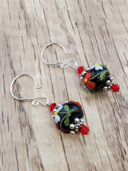 Fiery Red Artisan Glass Earrings, Lampwork Glass Bead handcrafted by a talented artisan, Silver Filled Earring Wire