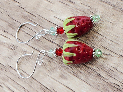 Strawberry Delight Artisan Glass Earrings, Lampwork Glass Bead handcrafted by a talented artisan, Silver Filled Earring Wire