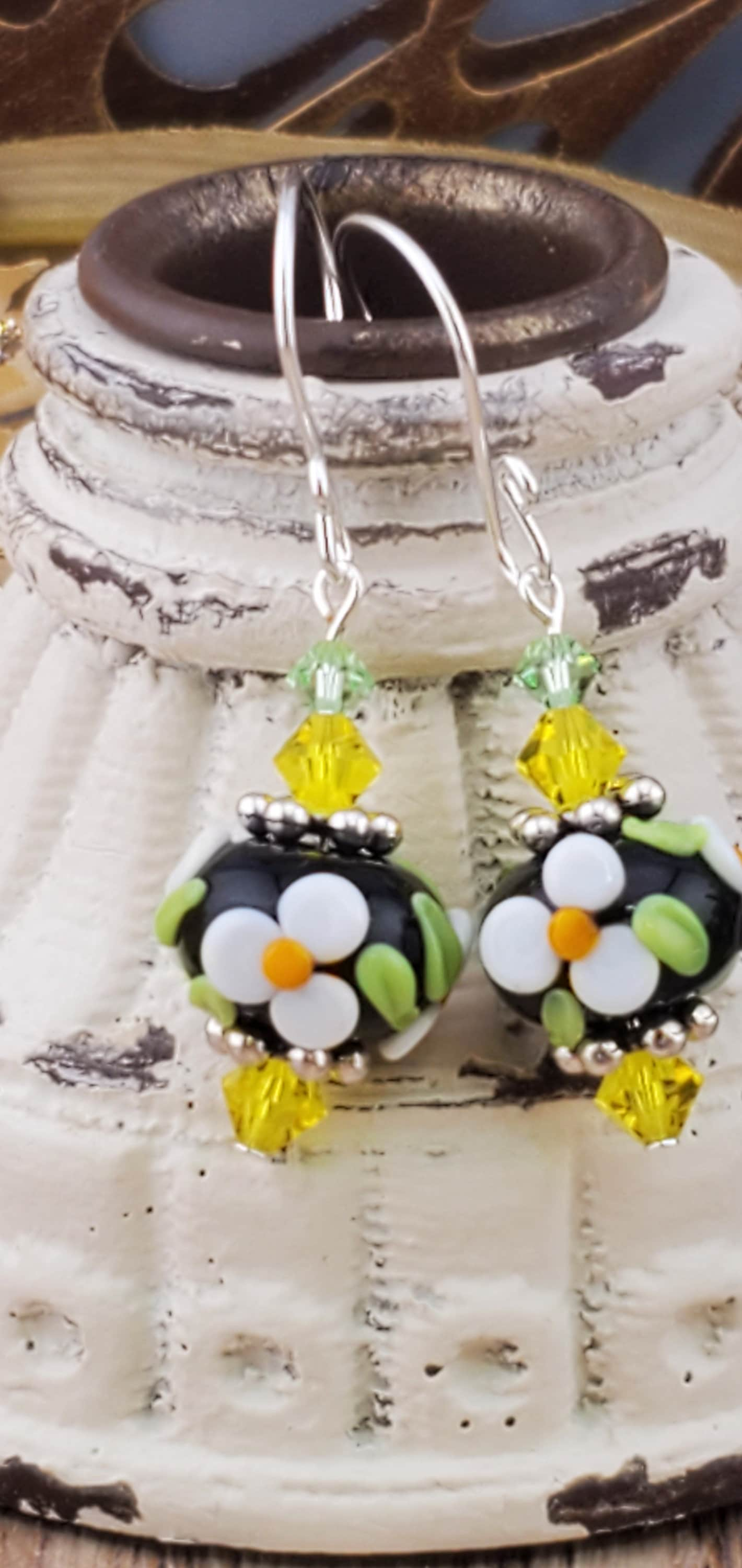 Joyful Blooms Artisan Glass Earrings, Lampwork Glass Bead handcrafted by a talented artisan, Silver Filled Earring Wire