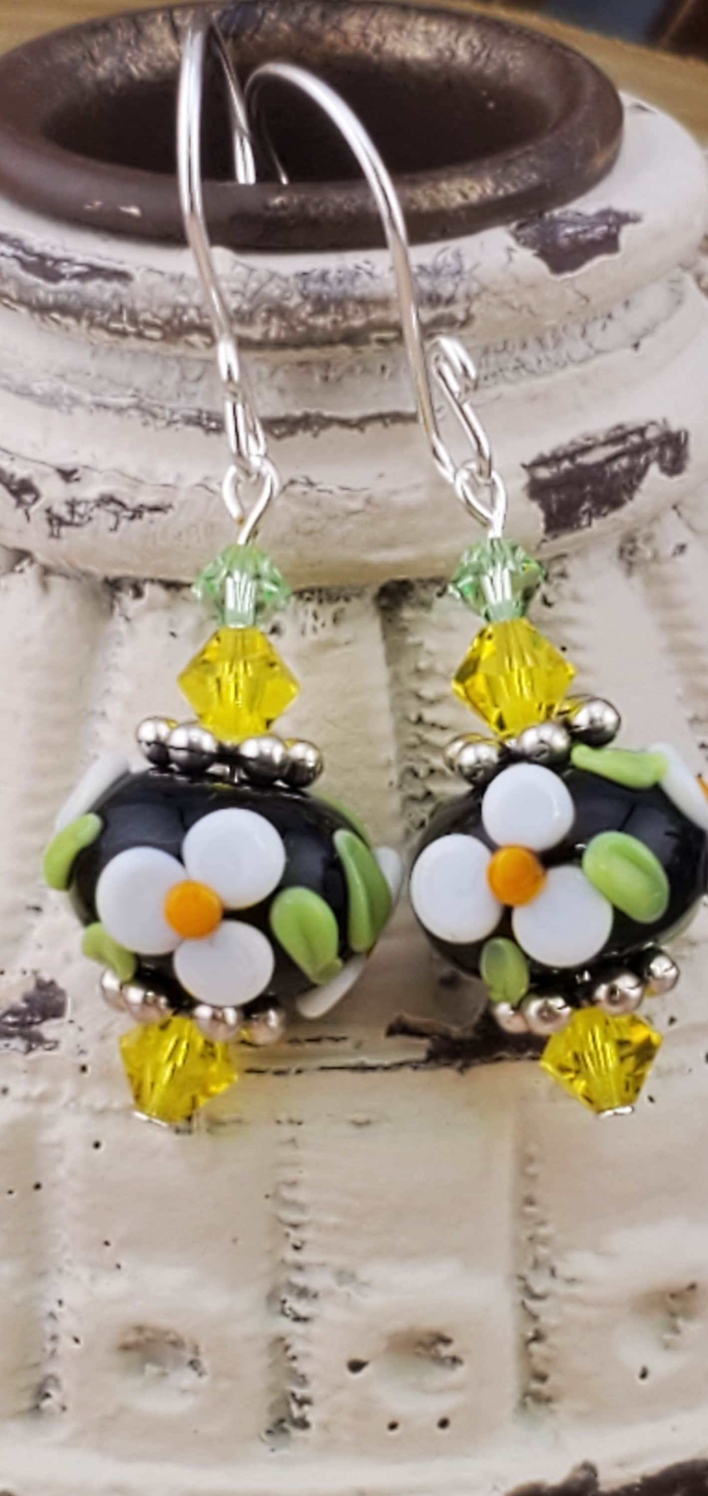 Joyful Blooms Artisan Glass Earrings, Lampwork Glass Bead handcrafted by a talented artisan, Silver Filled Earring Wire