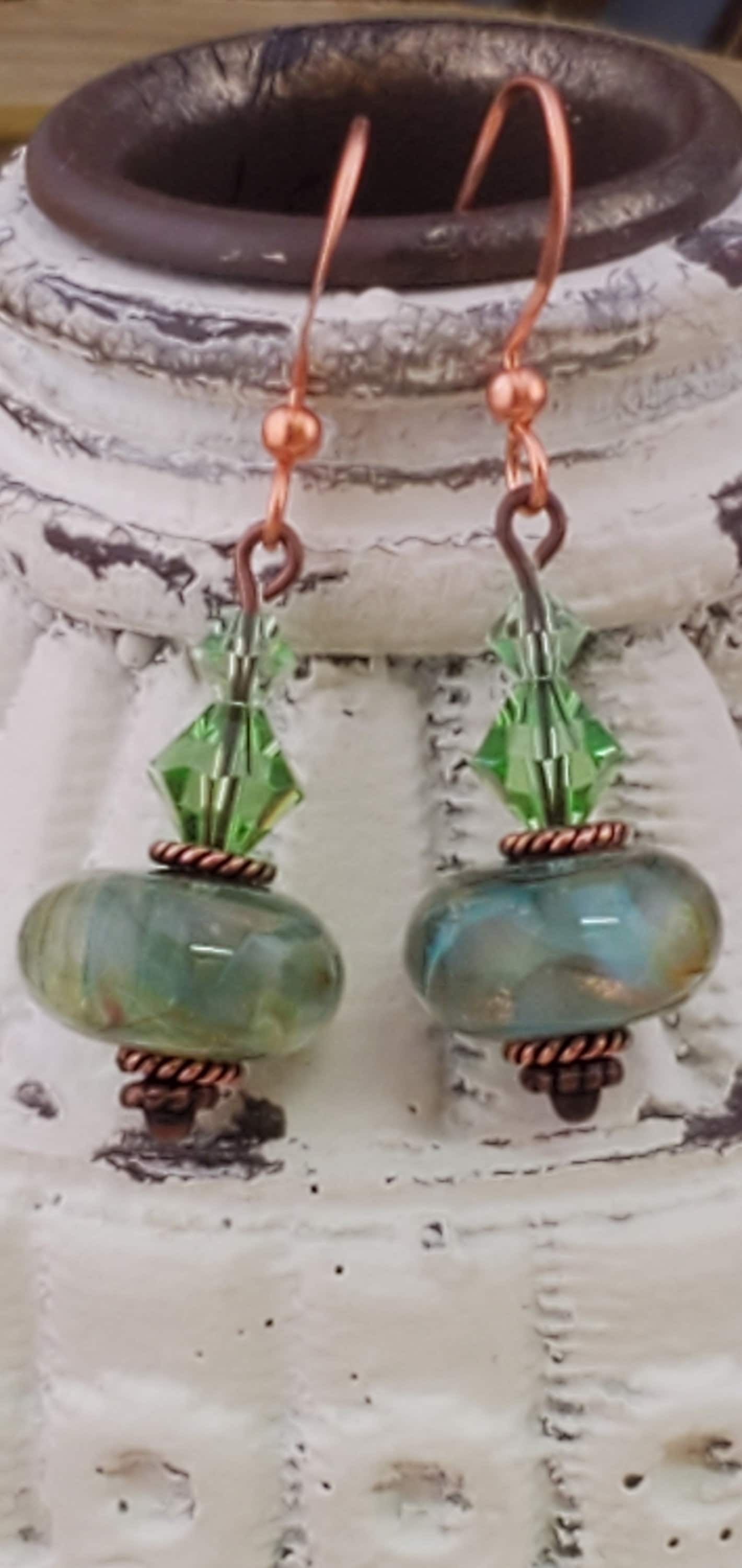 Feeling grand in Green Artisan Glass Earrings, Lampwork Glass Bead handcrafted by a talented artisan, Copper Earring Wire