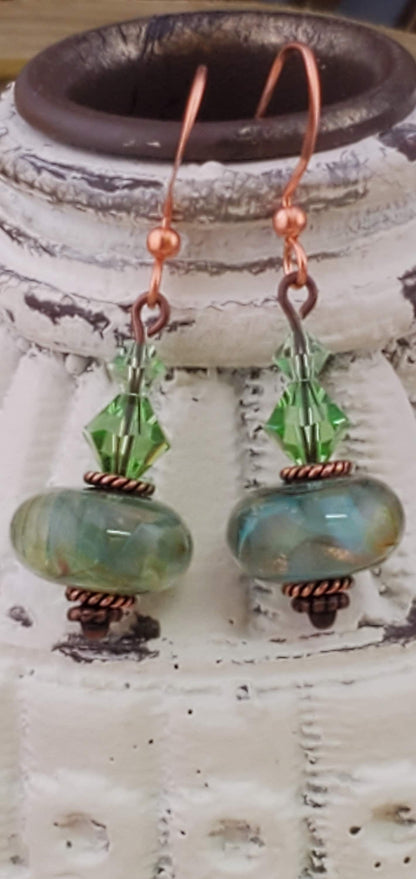 Feeling grand in Green Artisan Glass Earrings, Lampwork Glass Bead handcrafted by a talented artisan, Copper Earring Wire