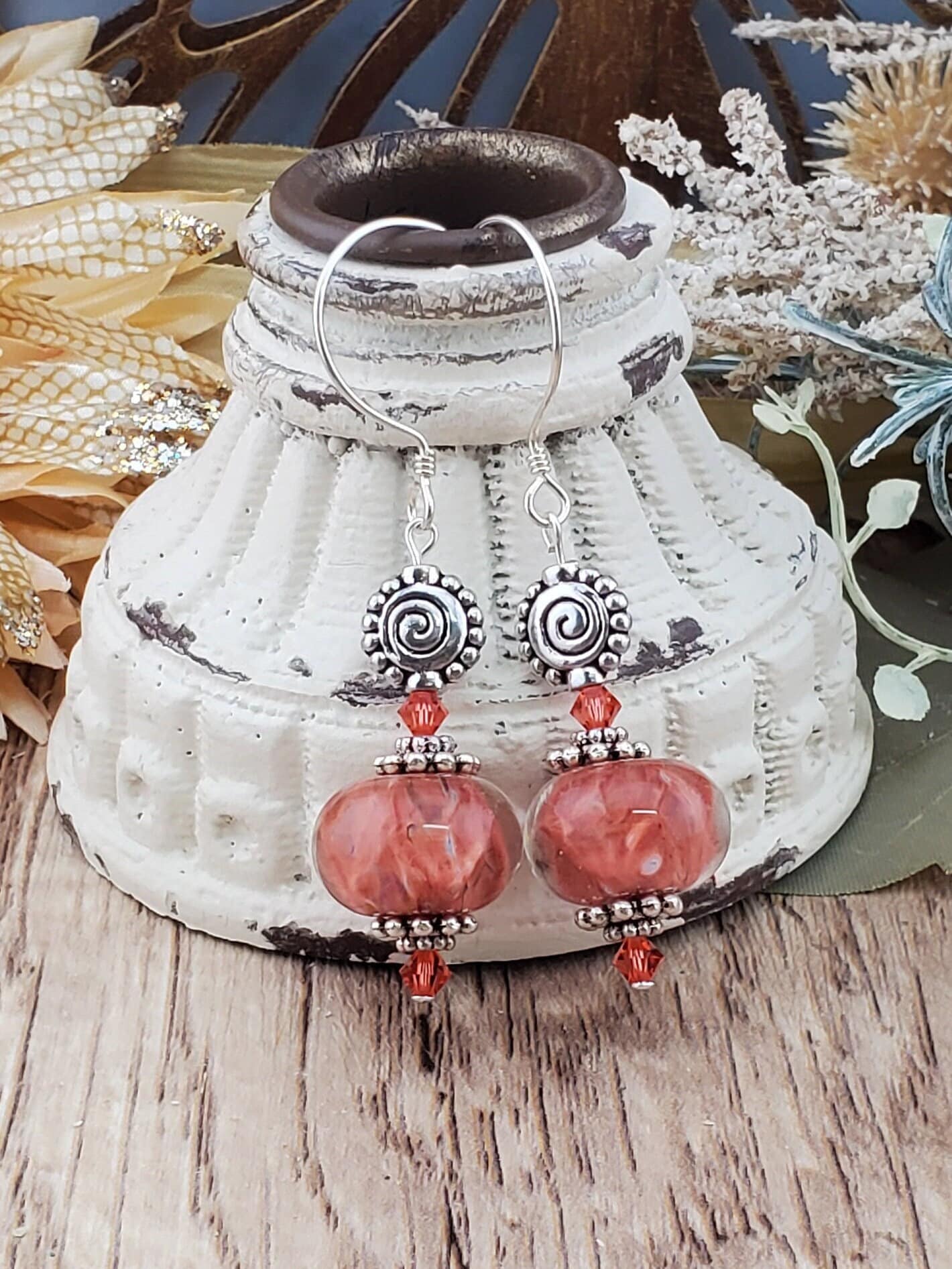 Peachy Keen Artisan Glass Earrings, Lampwork Glass Bead handcrafted by a talented artisan, Silver Filled Earring Wire