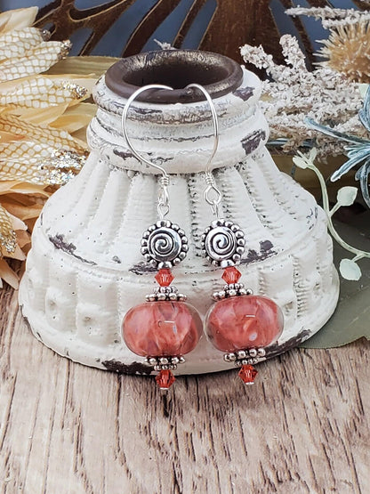 Peachy Keen Artisan Glass Earrings, Lampwork Glass Bead handcrafted by a talented artisan, Silver Filled Earring Wire