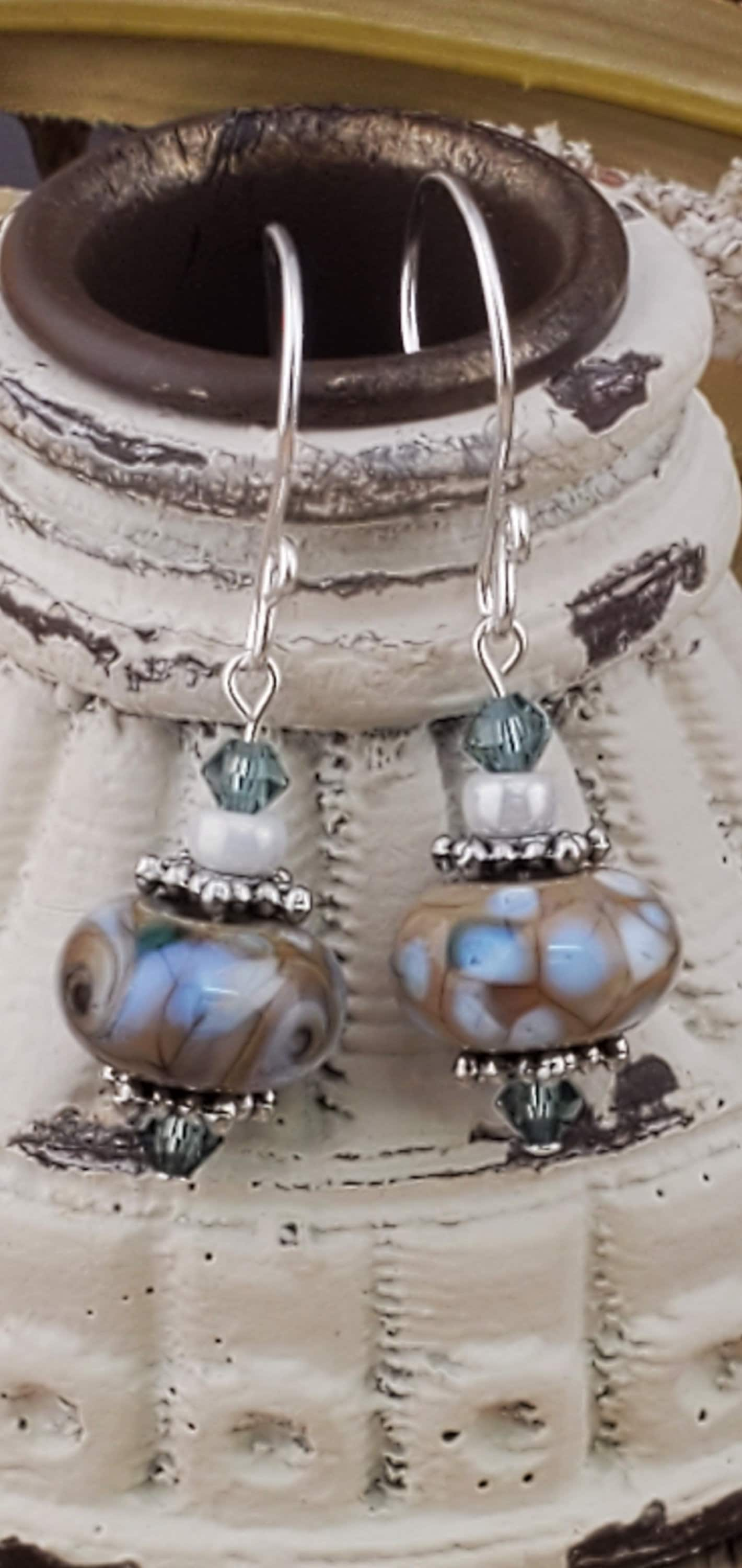 Heavenly Mocha Artisan Glass Earrings, Lampwork Glass Bead handcrafted by a talented artisan, Silver Filled Earring Wire