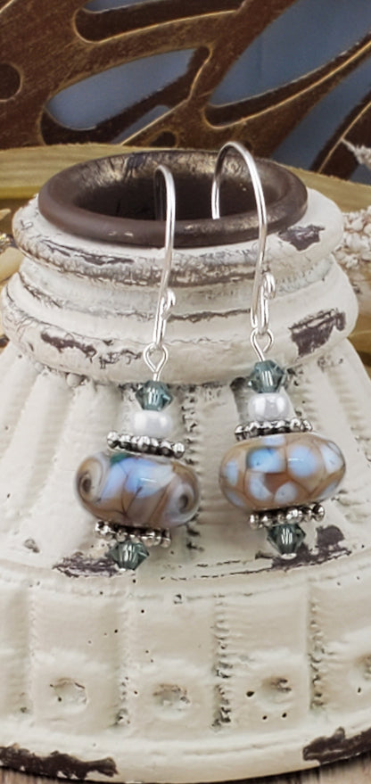 Heavenly Mocha Artisan Glass Earrings, Lampwork Glass Bead handcrafted by a talented artisan, Silver Filled Earring Wire