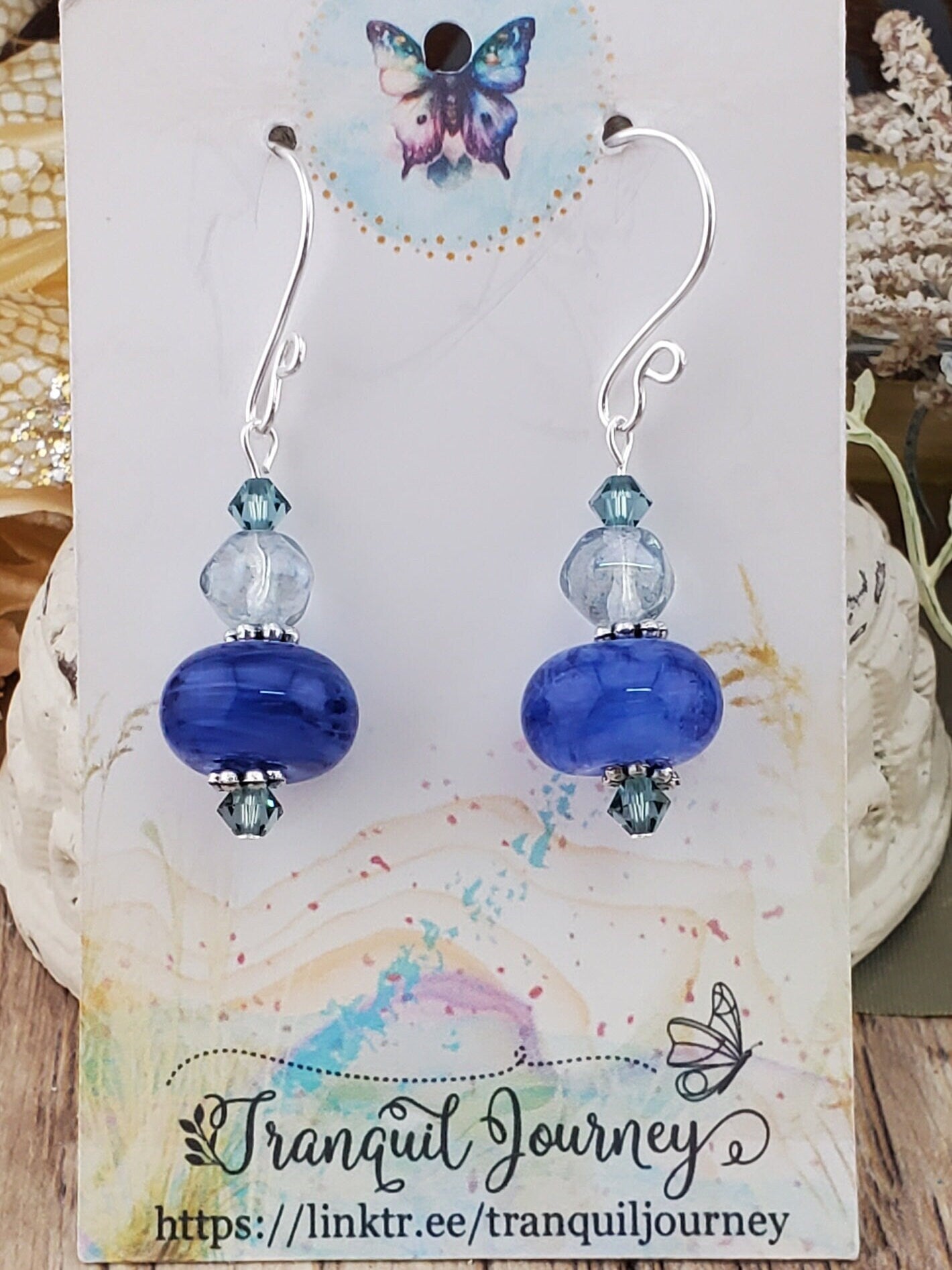 Blue Skies Artisan Glass Earrings, Lampwork Glass Bead handcrafted by a talented artisan, Silver Filled Earring Wire