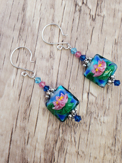 Floating Garden Artisan Glass Earrings, Lampwork Glass Bead handcrafted by a talented artisan, Silver Filled Earring Wire