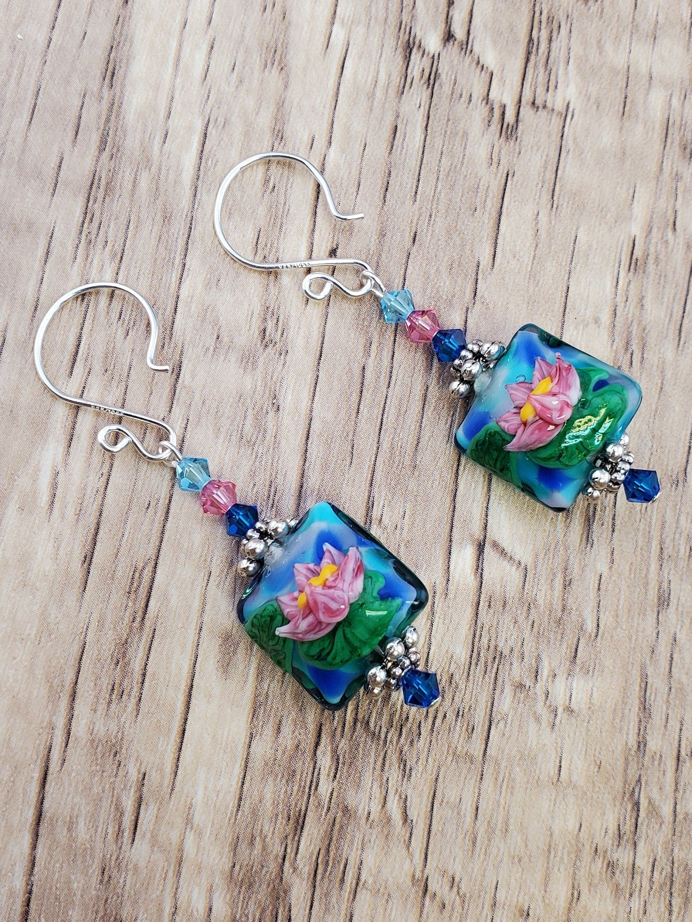 Floating Garden Artisan Glass Earrings, Lampwork Glass Bead handcrafted by a talented artisan, Silver Filled Earring Wire