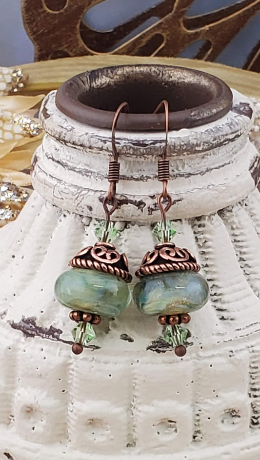 Spiritual Oasis Glass Earrings, Lampwork Glass Bead handcrafted by a talented artisan, Copper Earring Wire