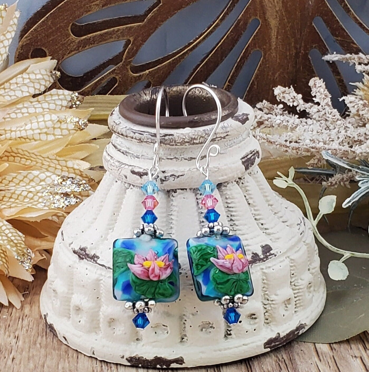 Floating Garden Artisan Glass Earrings, Lampwork Glass Bead handcrafted by a talented artisan, Silver Filled Earring Wire