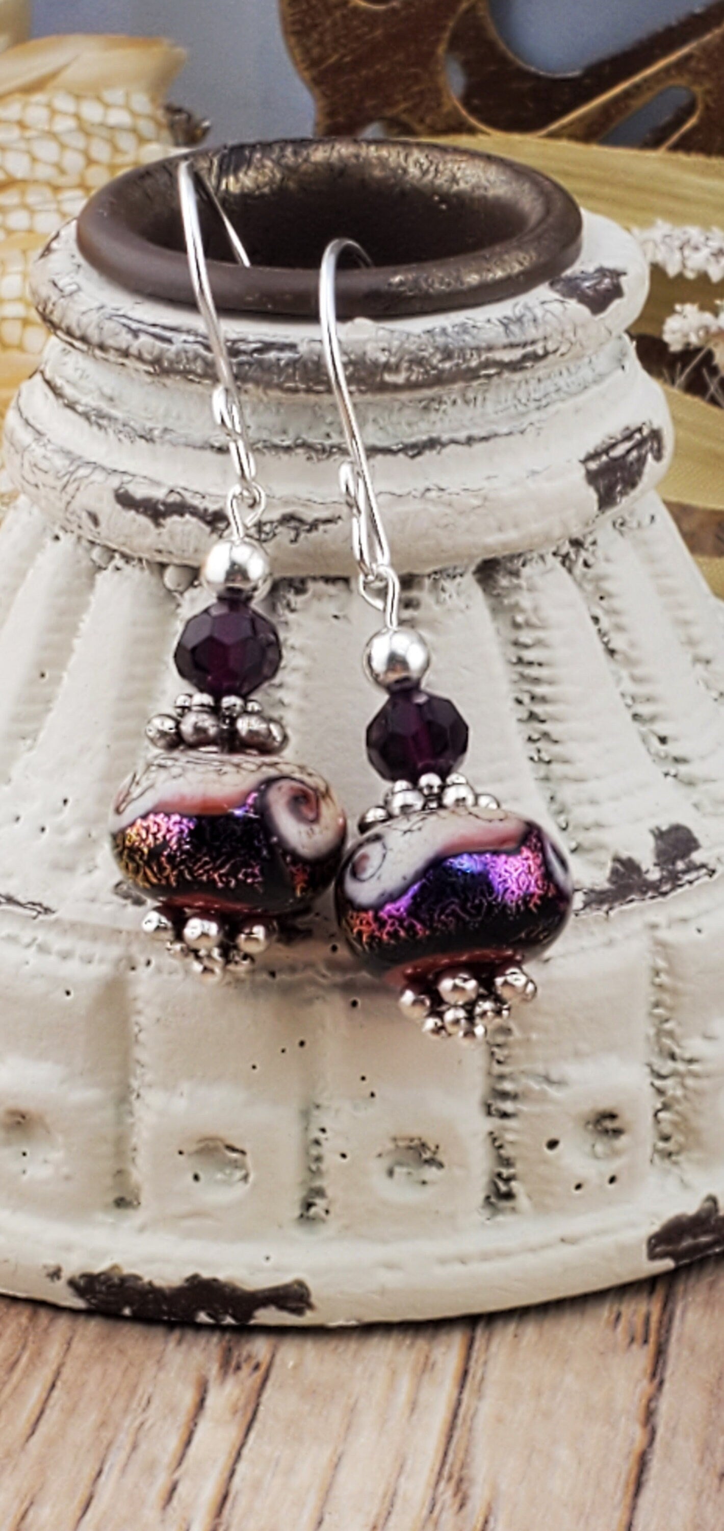 Purple Shimmer Artisan Glass Earrings, Lampwork Glass Bead handcrafted by a talented artisan, Silver Filled Earring Wire