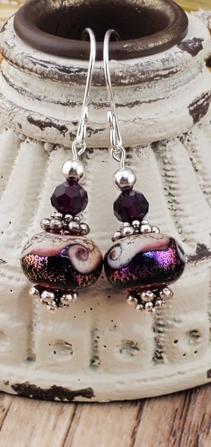 Purple Shimmer Artisan Glass Earrings, Lampwork Glass Bead handcrafted by a talented artisan, Silver Filled Earring Wire