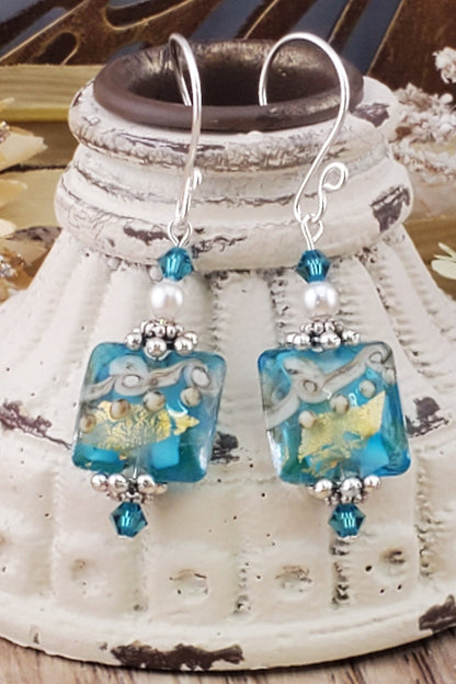 Tranquil Oasis Artisan Glass Earrings, Lampwork Glass Bead handcrafted by a talented artisan, Silver Filled Earring Wire