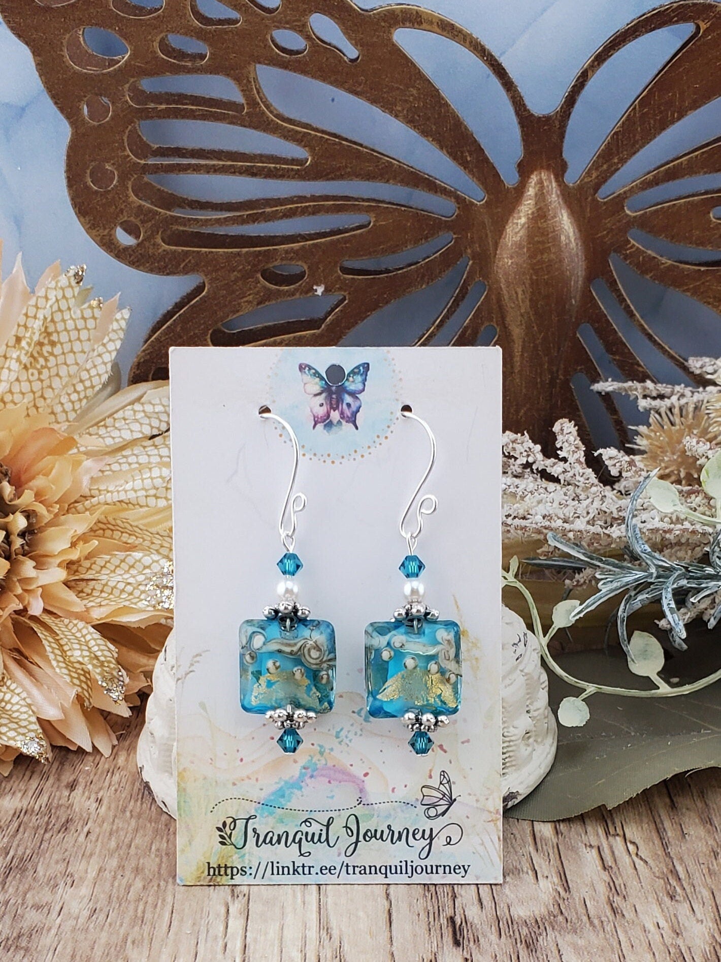 Tranquil Oasis Artisan Glass Earrings, Lampwork Glass Bead handcrafted by a talented artisan, Silver Filled Earring Wire