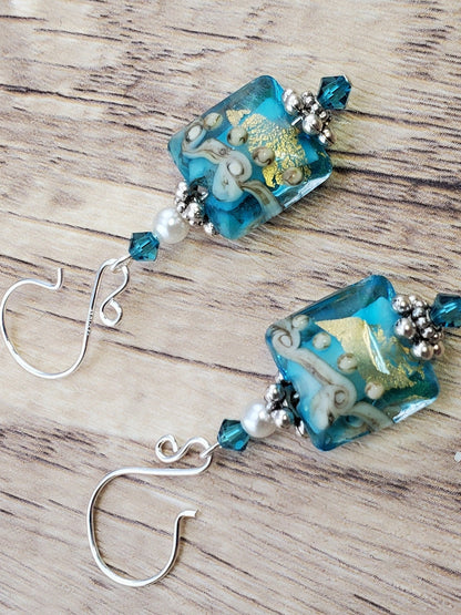 Tranquil Oasis Artisan Glass Earrings, Lampwork Glass Bead handcrafted by a talented artisan, Silver Filled Earring Wire