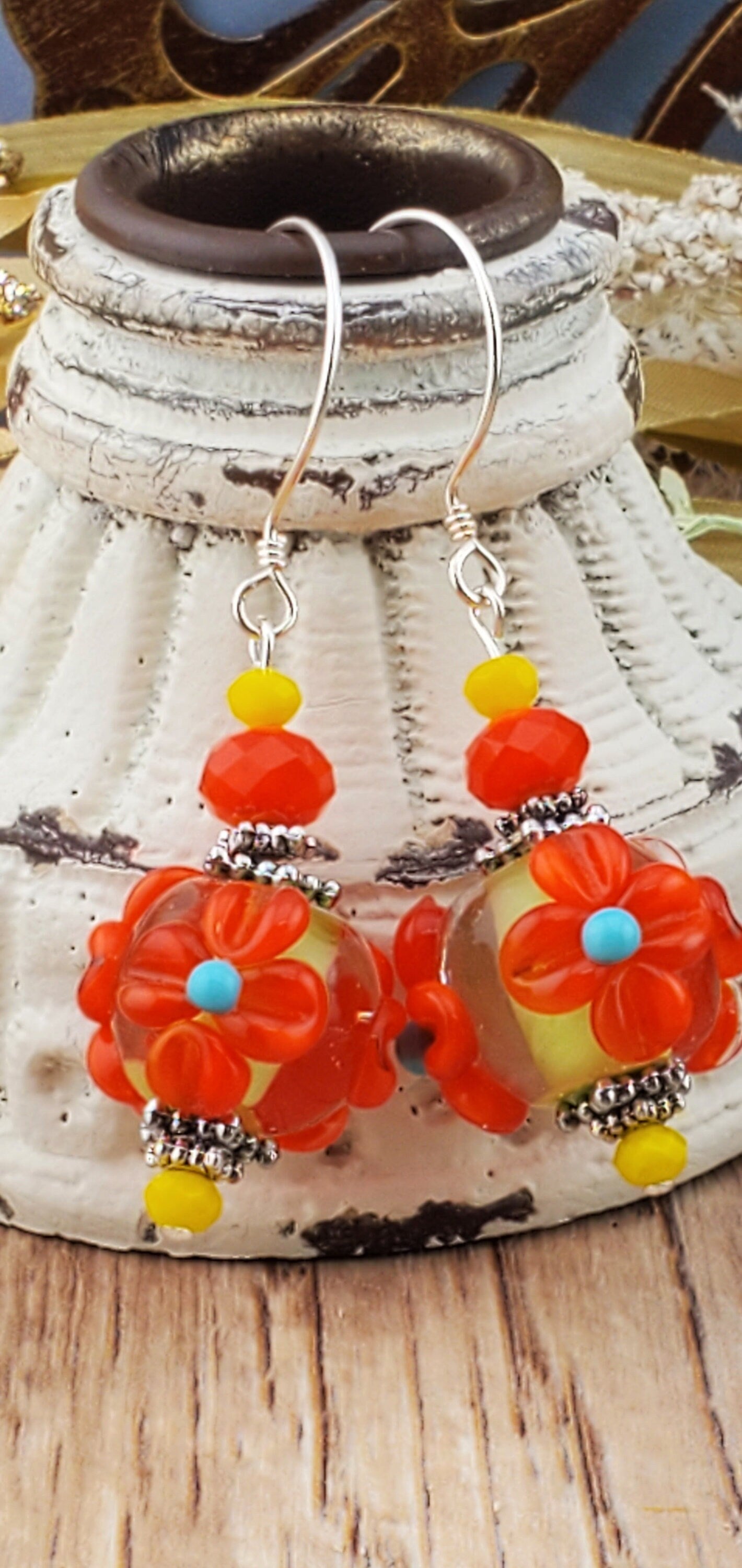 Mardi Gras Madness Artisan Glass Earrings, Lampwork Glass Bead handcrafted by a talented artisan, Silver Filled Earring Wire