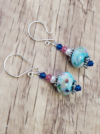 Colorful Mosaic Artisan Glass Earrings, Lampwork Glass Bead handcrafted by a talented artisan, Silver Filled Earring Wire