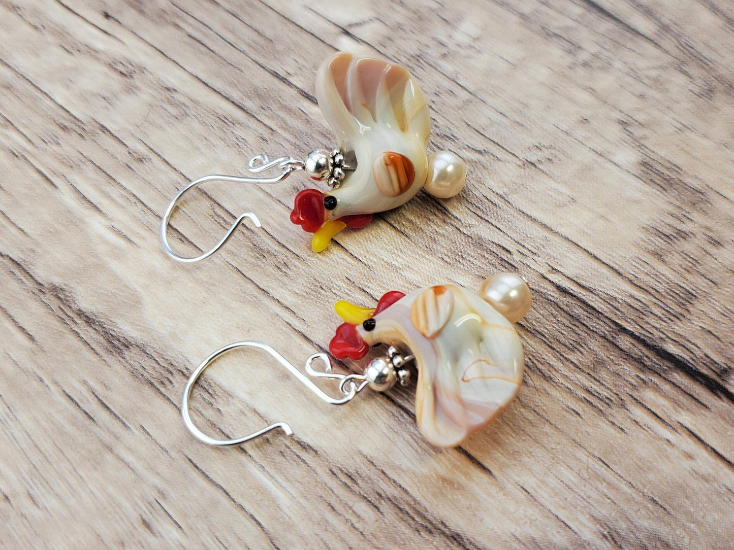 Laying Chicken Artisan Glass Earrings, Lampwork Glass Bead handcrafted by a talented artisan, Silver Filled Earring Wire