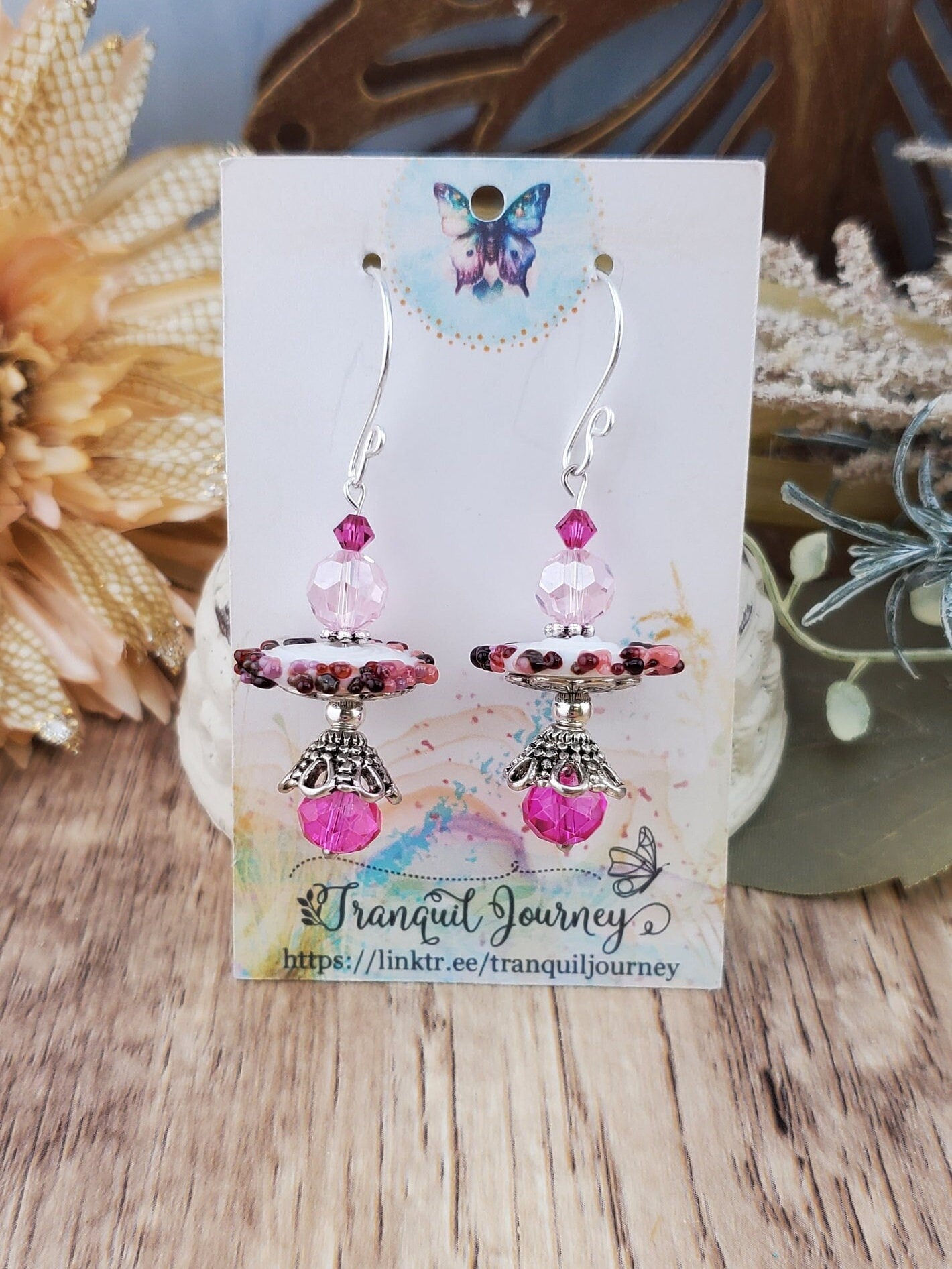 Pink Disk Name Artisan Glass Earrings, Lampwork Glass Bead handcrafted by a talented artisan, Silver Filled Earring Wire