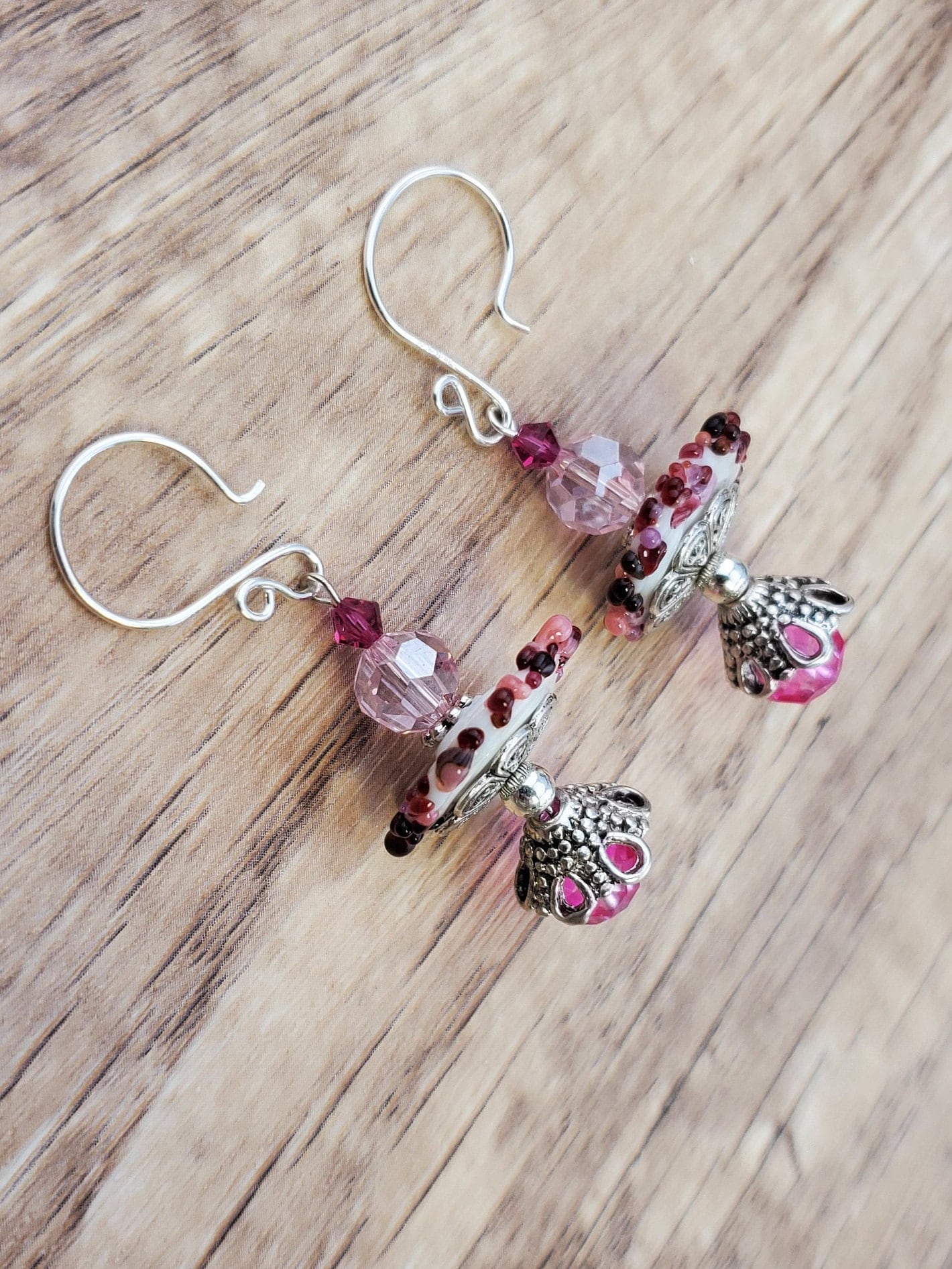 Pink Disk Name Artisan Glass Earrings, Lampwork Glass Bead handcrafted by a talented artisan, Silver Filled Earring Wire