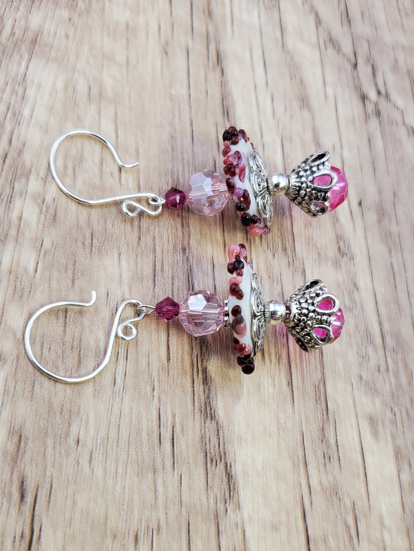 Pink Disk Name Artisan Glass Earrings, Lampwork Glass Bead handcrafted by a talented artisan, Silver Filled Earring Wire