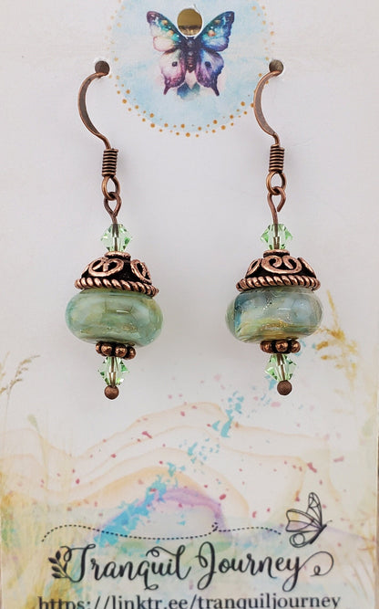 Spiritual Oasis Glass Earrings, Lampwork Glass Bead handcrafted by a talented artisan, Copper Earring Wire