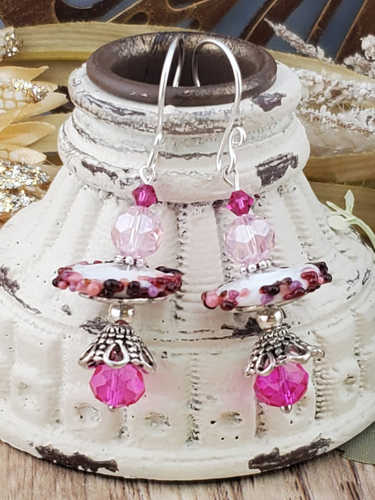 Pink Disk Name Artisan Glass Earrings, Lampwork Glass Bead handcrafted by a talented artisan, Silver Filled Earring Wire