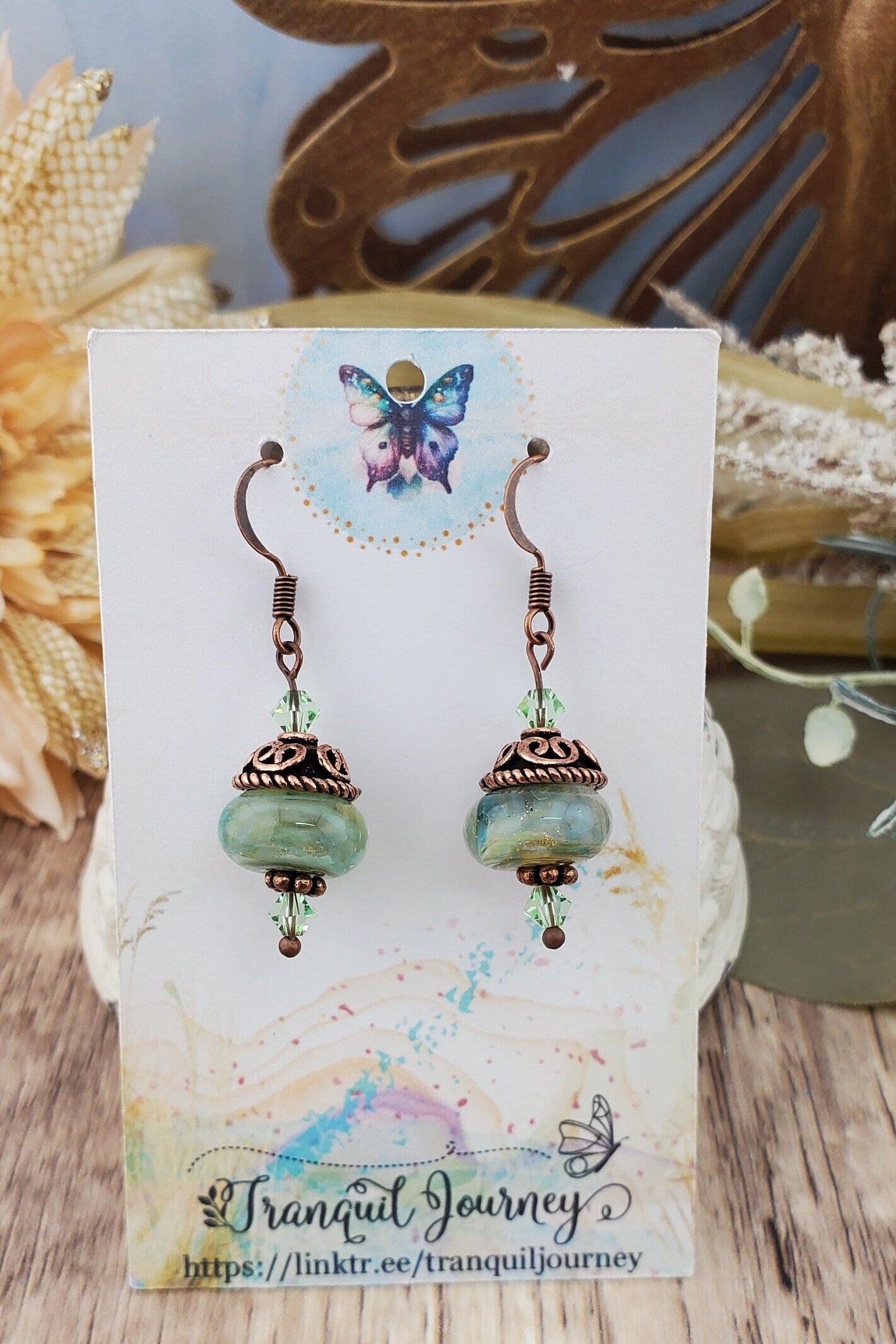 Spiritual Oasis Glass Earrings, Lampwork Glass Bead handcrafted by a talented artisan, Copper Earring Wire