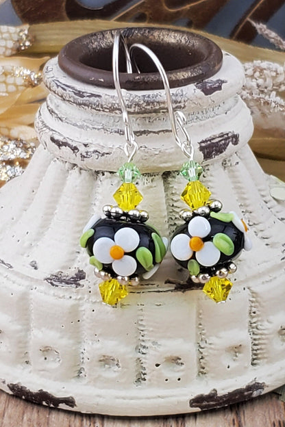 Joyful Blooms Artisan Glass Earrings, Lampwork Glass Bead handcrafted by a talented artisan, Silver Filled Earring Wire