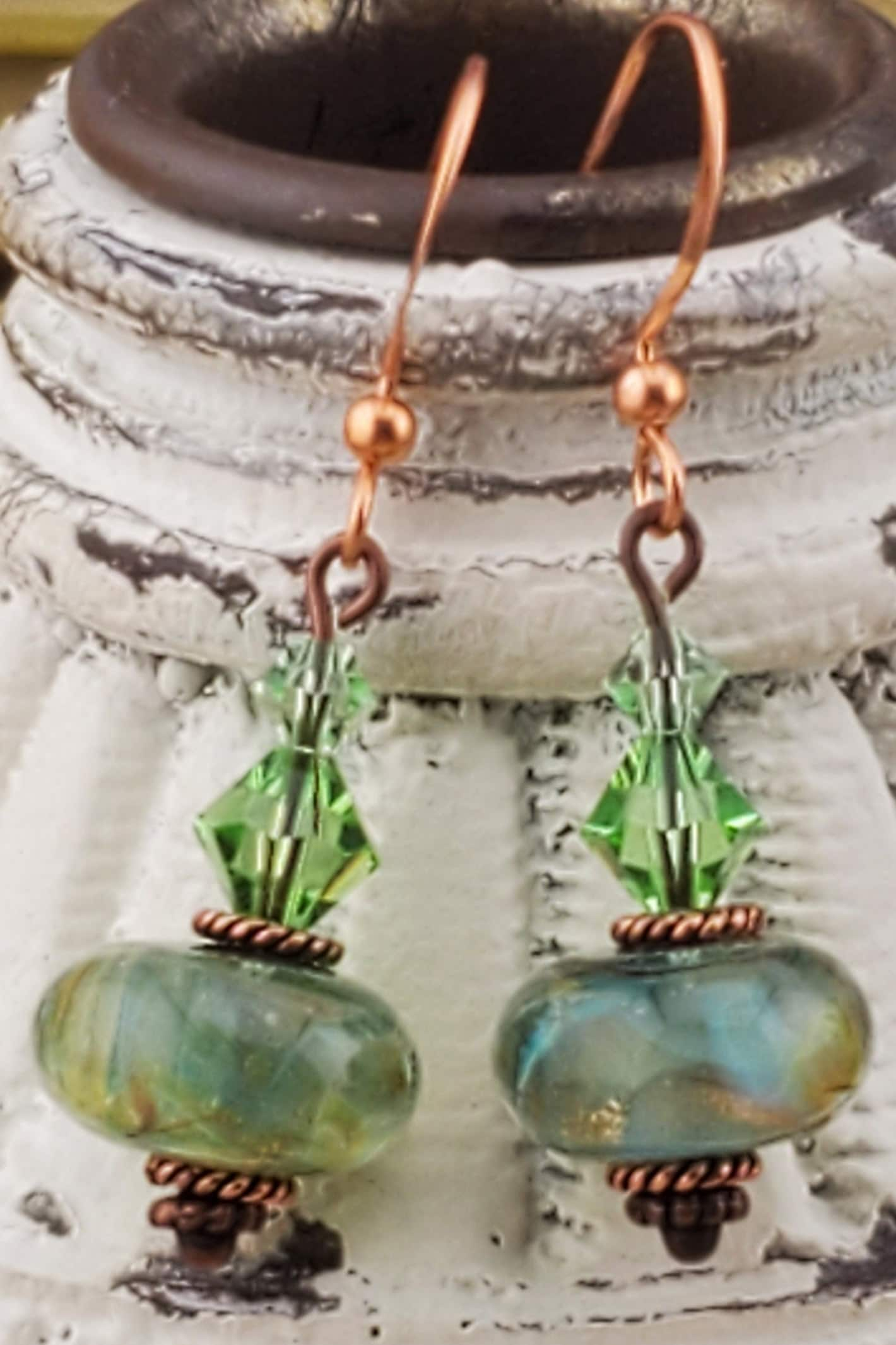 Feeling grand in Green Artisan Glass Earrings, Lampwork Glass Bead handcrafted by a talented artisan, Copper Earring Wire