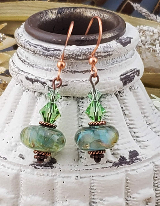 Feeling grand in Green Artisan Glass Earrings, Lampwork Glass Bead handcrafted by a talented artisan, Copper Earring Wire