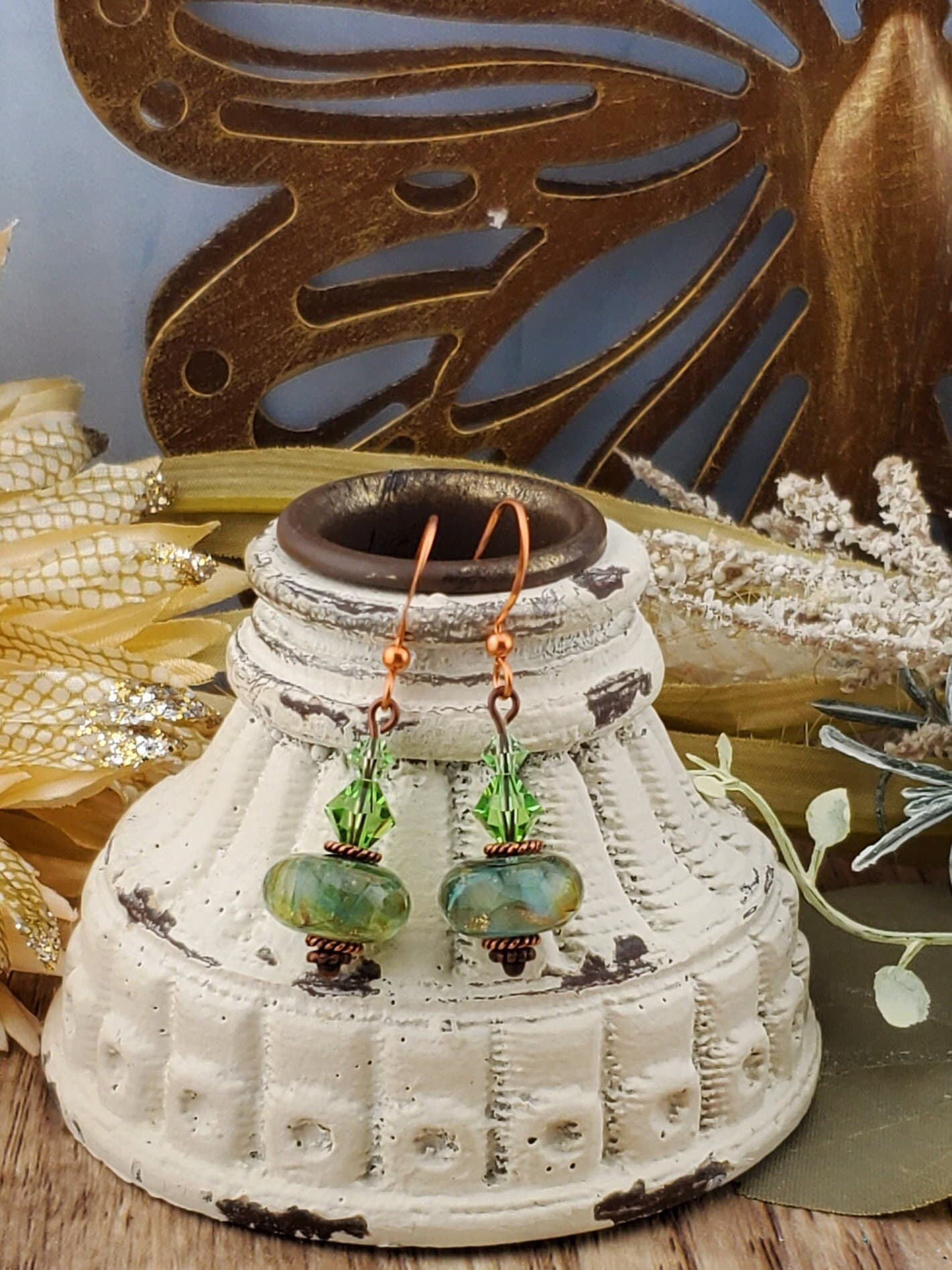 Feeling grand in Green Artisan Glass Earrings, Lampwork Glass Bead handcrafted by a talented artisan, Copper Earring Wire