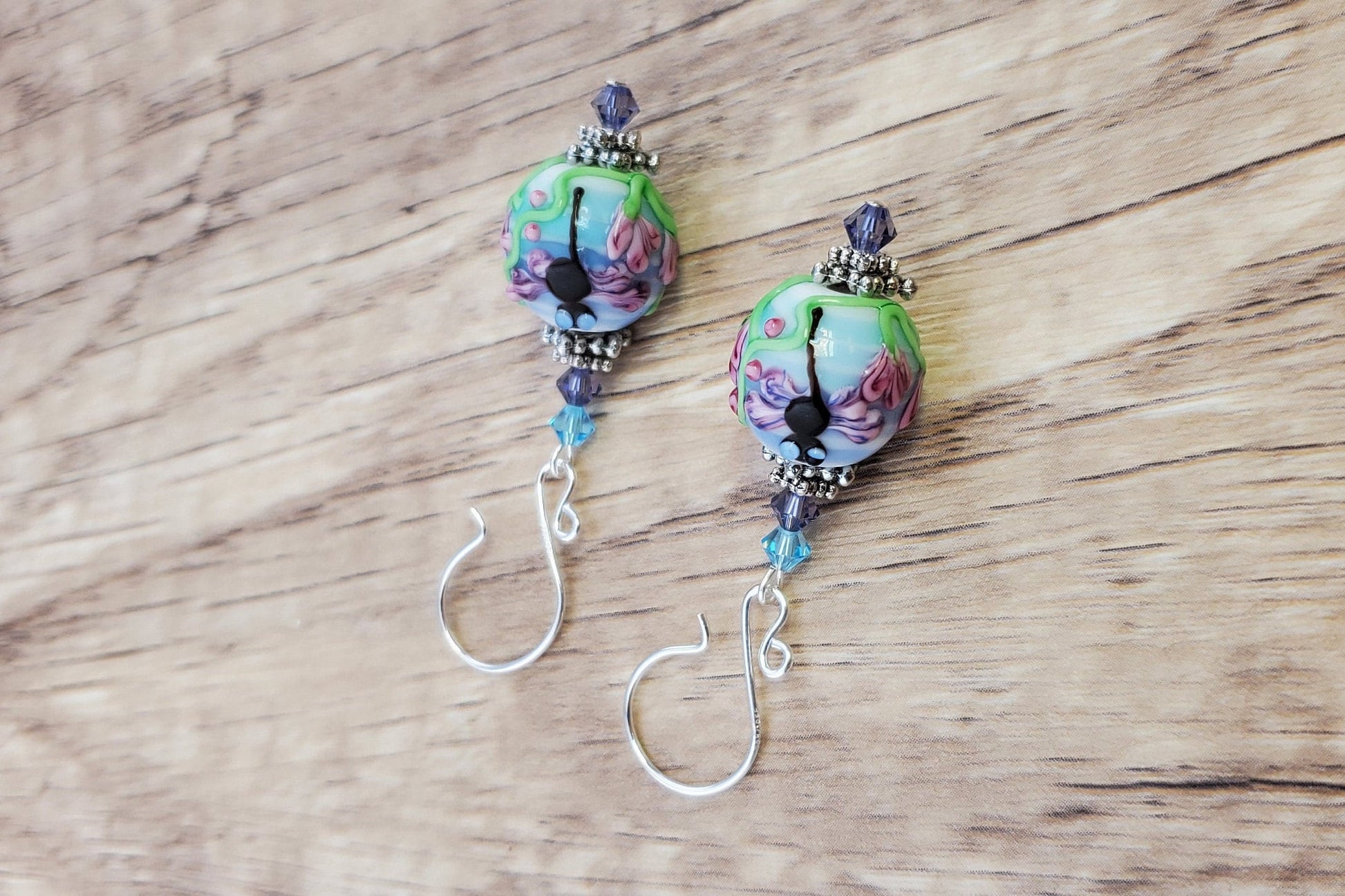 Flying Free Artisan Glass Earrings, Lampwork Glass Bead handcrafted by a talented artisan, Silver Filled Earring Wire