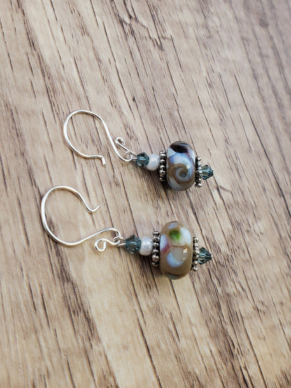 Heavenly Mocha Artisan Glass Earrings, Lampwork Glass Bead handcrafted by a talented artisan, Silver Filled Earring Wire