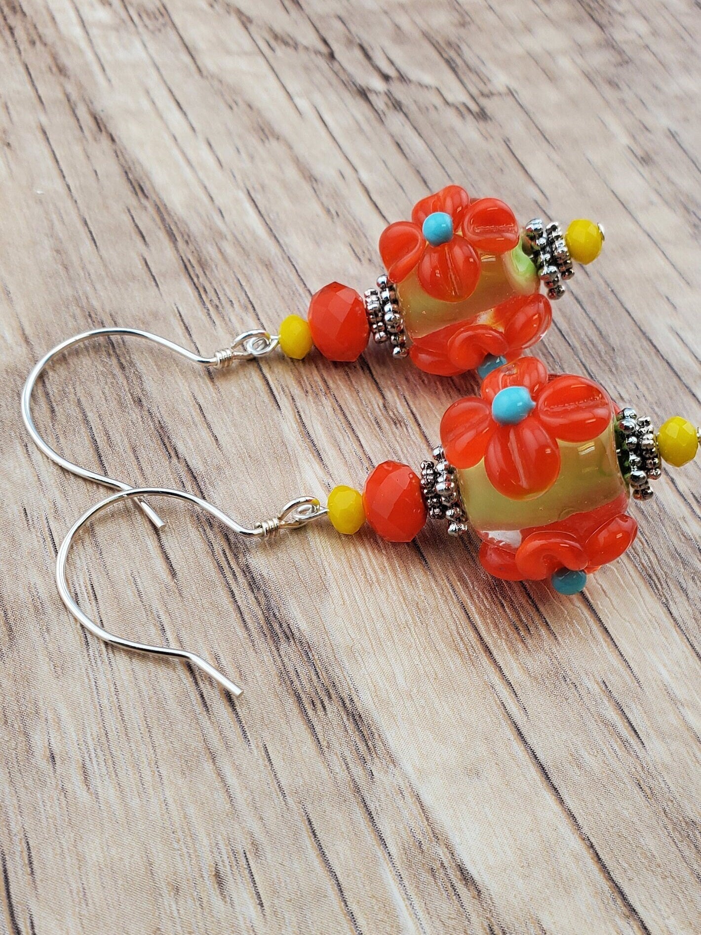 Mardi Gras Madness Artisan Glass Earrings, Lampwork Glass Bead handcrafted by a talented artisan, Silver Filled Earring Wire