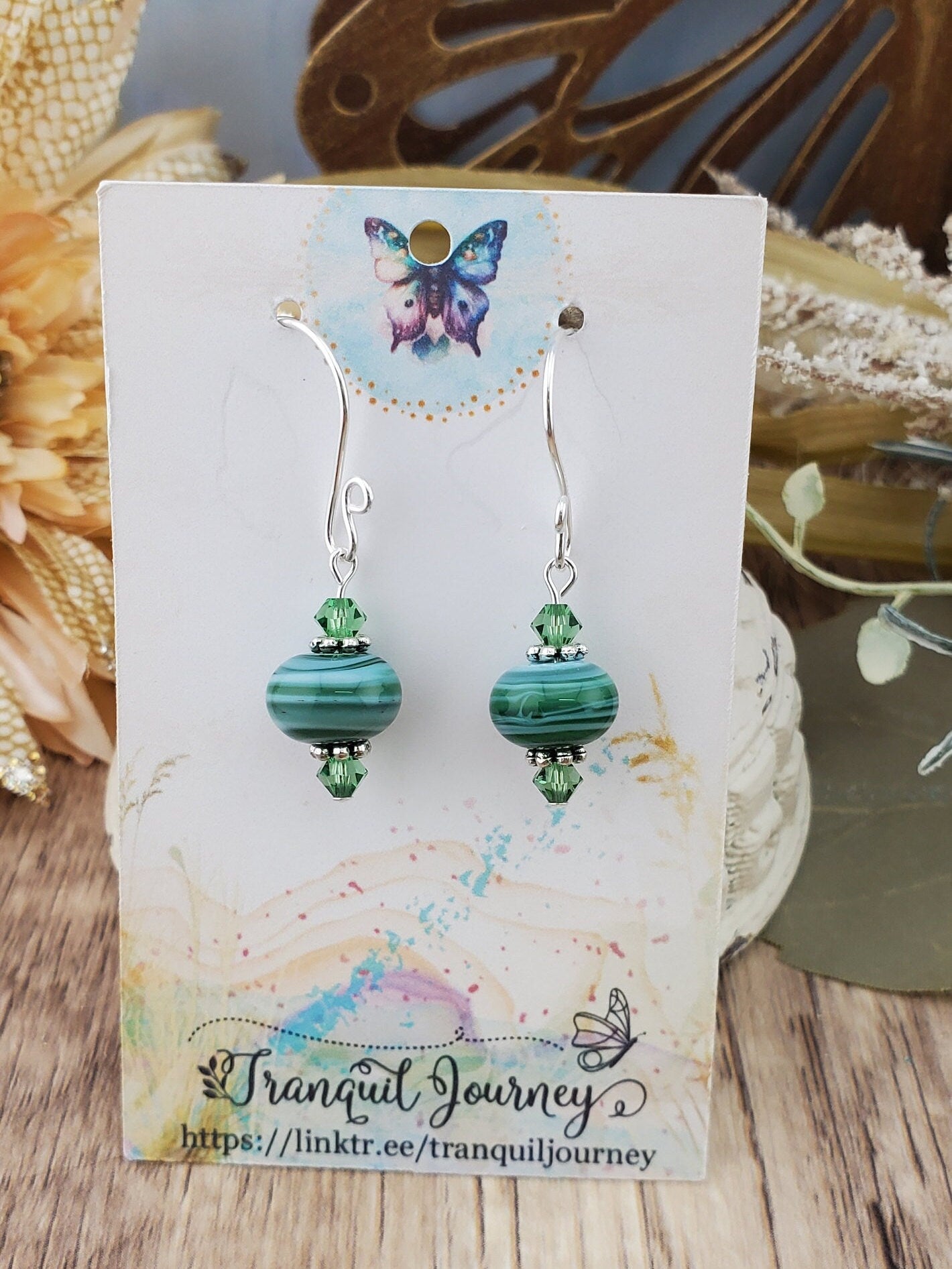 Lean and Green Artisan Glass Earrings, Lampwork Glass Bead handcrafted by a talented artisan, Silver Filled Earring Wire